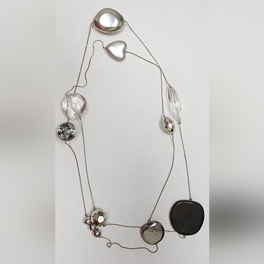 Long Vintage Silver Toned Necklace with Puffy Metal Heart and Bead Accents